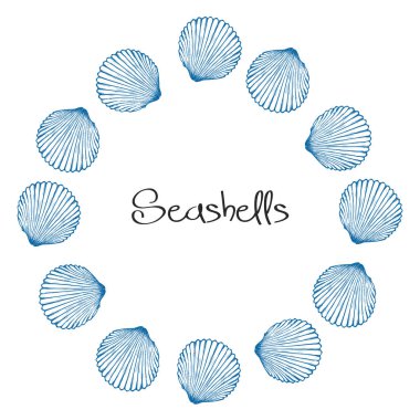 Vektör çelenk el ile deniz kabuklarını çizilmiş. Deniz arka planda oyulmuş tarzı. Sualtı vektör çizim kabukları ile el çekilmiş.