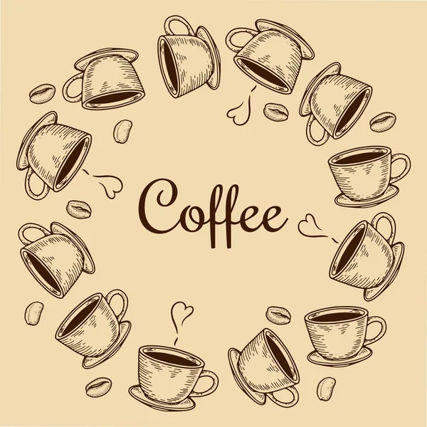 向量杯子花圈与咖啡豆在米色背景 复古手绘的小块 广告的插图 — 图库矢量图片