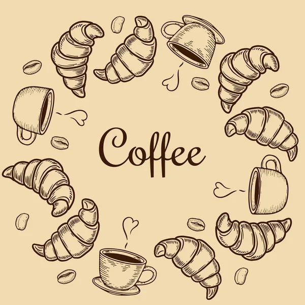 Corona con croissant, taza y grano de café — Vector de stock