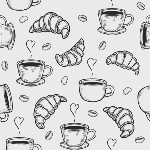 croissant, cup and coffee bean seamless pattern