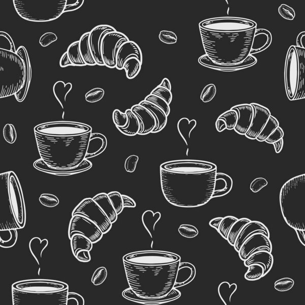 croissant, cup and coffee bean seamless pattern