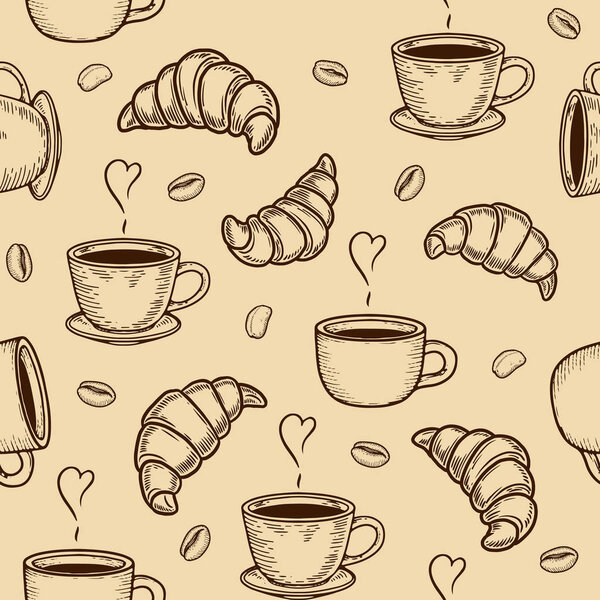 croissant, cup and coffee bean seamless pattern