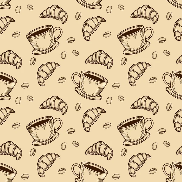 Croissant, taza y grano de café patrón sin costura — Vector de stock