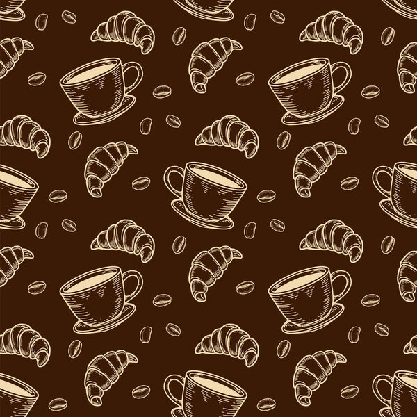 croissant, cup and coffee bean seamless pattern