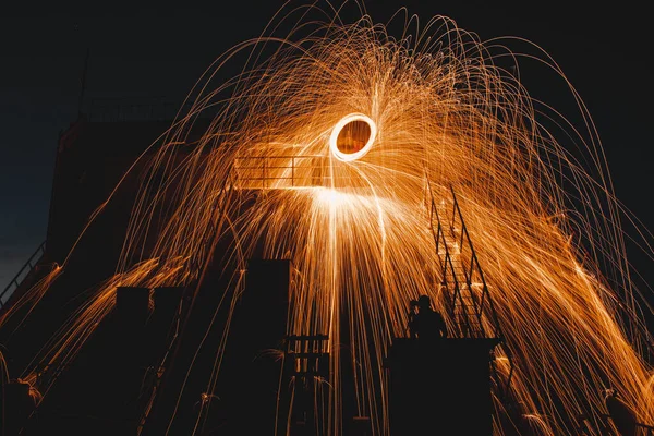 steel wool sparks at night