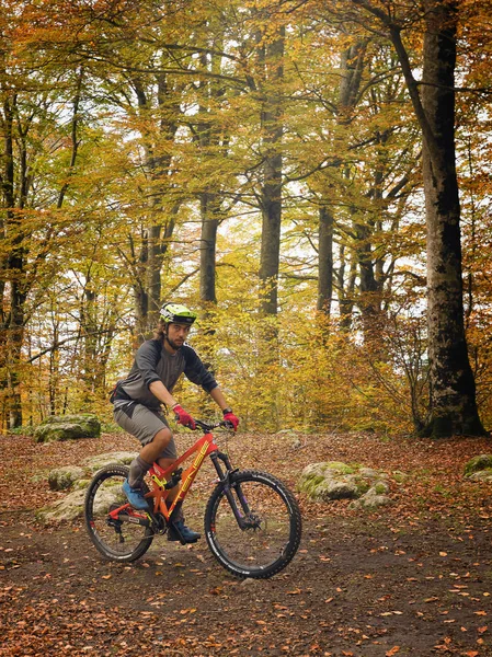 Soriano Nel Cimino Italy November 2018 Boy Mountain Bike Goes — Stock Photo, Image