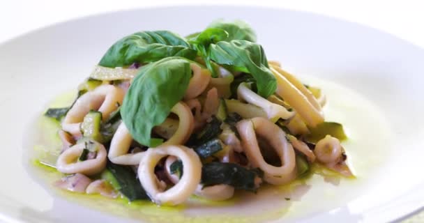 Squid Zucchini Ready Eat Squid Cut Circles Cooked Pan Courgettes — Stock Video