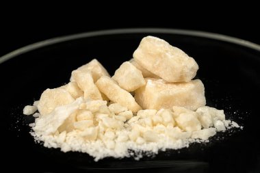 Crack, a type of drug obtained through chemical processes from cocaine. Amazing substance in small pieces. Crack is produced by dissolving powdered cocaine in a mixture of water and ammonia or sodium bicarbonate (baking soda). The mixture is boiled u clipart