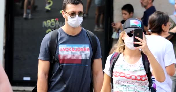 Rome Italy September 2020 Couple Wearing Protective Masks Due Pandemic — Stock Video