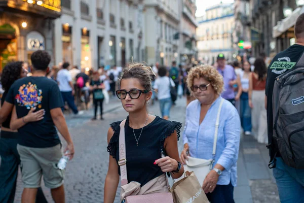 Naples, Italy - September 12, 2025: Citizens and tourists stroll along the central Via Toledo, an important landmark for visiting the city's historic center.