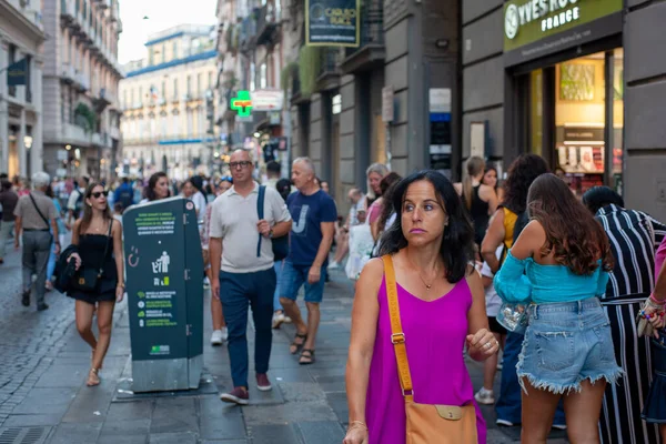 Naples, Italy - September 12, 2025: Citizens and tourists stroll along the central Via Toledo, an important landmark for visiting the city's historic center.