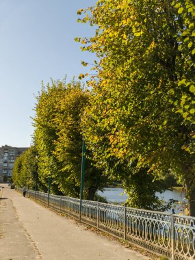 A sidewalk next to a body of water with trees in the background.