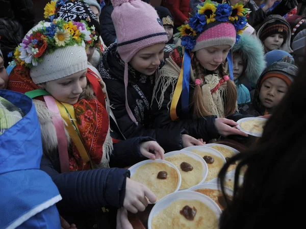 Iskolás Ünneplés Maslenitsa Kijevben 2017 Február — Stock Fotó