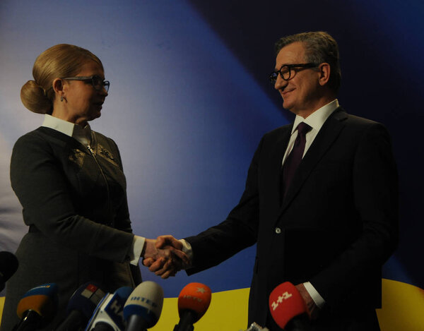 Candidates for the post of President of Ukraine, people's deputies Yulia Tymoshenko and Serhiy Taruta during a joint press conference in Kiev, March 16, 2019