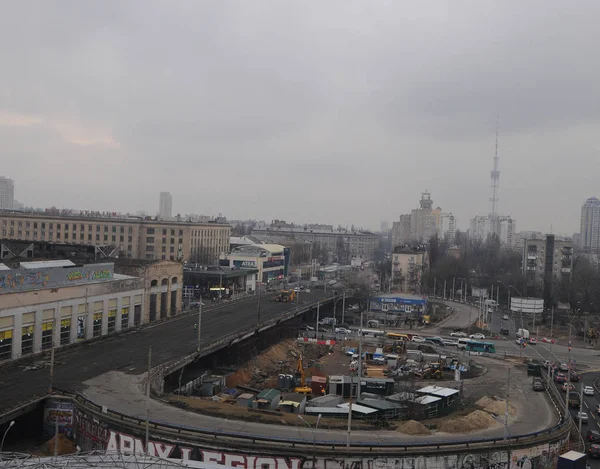 Αποσυναρμολόγηση Της Γέφυρας Shuliavsky Και Ανασυγκρότησης Των Εναλλαγών Της Κυκλοφορίας — Φωτογραφία Αρχείου