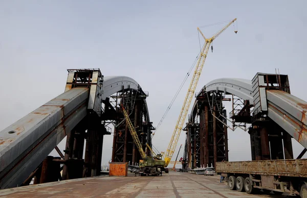 Travée Pont Podolsko Voskresensky Pendant Construction Pont Podolsko Voskresensky Kiev — Photo