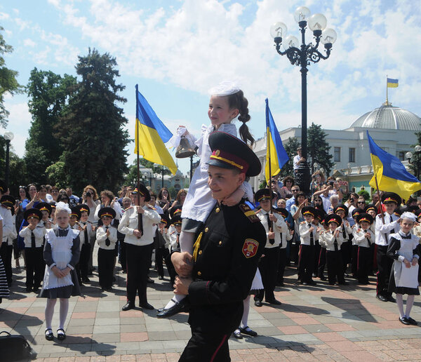 Cadets during the holiday-graduation for the first Ukrainian cadet schoolchildren, in Kiev, May 29, 2019. 