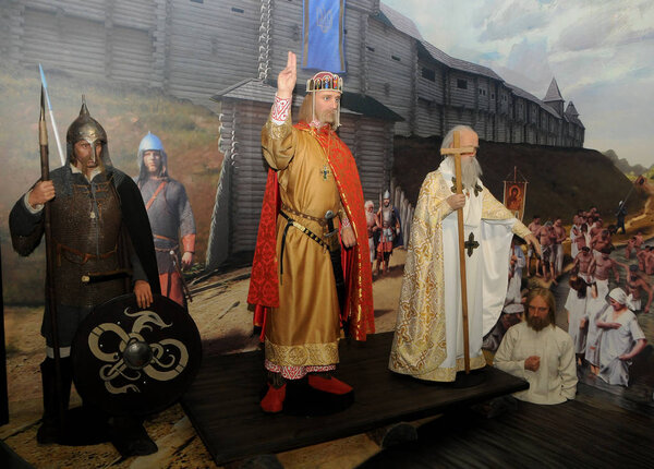 The figure of Prince Vladimir the Great during the opening of the innovative museum "The Formation of the Ukrainian Nation", in Kiev, August 3, 2019