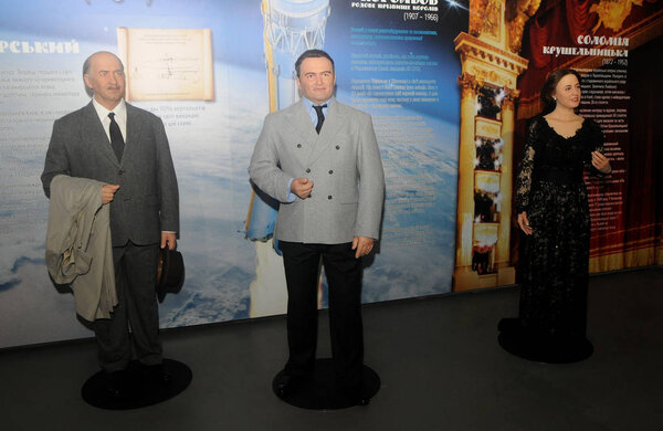 Figures by Igor Sikorsky, Sergey Korolev and Solomiya Krushelnytska during the opening of the innovative museum "The Formation of the Ukrainian Nation", in Kiev, August 3, 2019.