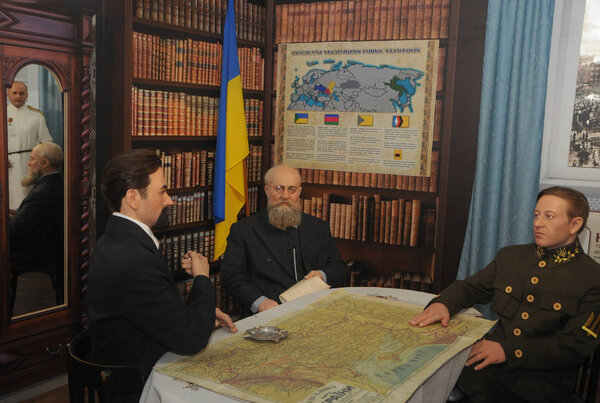 Figures of historical figures Vladimir Vinnichenko, Mikhail Grushevsky and Simon Petlyura during the opening of the innovative museum "The Formation of the Ukrainian Nation", in Kiev, August 3, 2019
