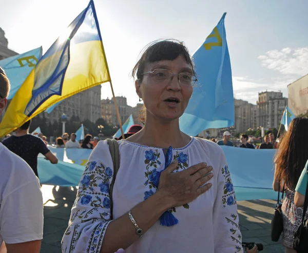 Participante Procesión Con Motivo Del Día Bandera Tártara Crimea Centro — Foto de Stock