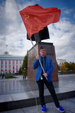 Barnaul, Rusya Federasyonu-Eylül 22, 2018. Ralli Putin'in politikası ve emeklilik reformuna karşı protesto