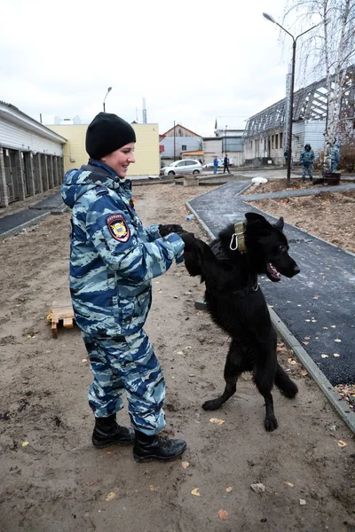 Barnaul, Rusya Federasyonu-Ekim 20, 2017.Russian polis köpeği işleyicileri tren hizmet köpekler