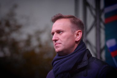 Novosibirsk, Russia-October 3, 2017.Politician Alexei Navalny speaks at an opposition rally clipart