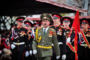 Barnaul, Rusya-Mayıs 9, 2017. Barnaul Cadet Kolordusu 'nın öğrenciler zafer Parade katılmak