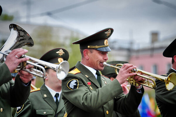 Barnaul,Russia-may 9, 2017.A military band plays a March