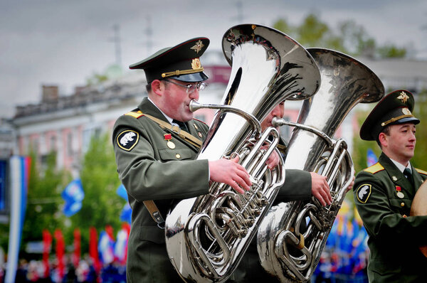Barnaul,Russia-may 9, 2017.A military band plays a March