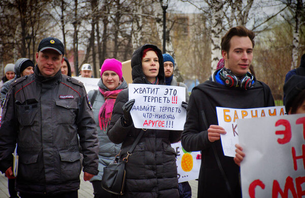 Barnaul,Russia-may 1, 2019. Monstration in Barnaul.Young people carry posters