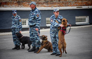 Barnaul,Rusya-Mayıs 18, 2019.Köpekleri ile polis köpek işleyicileri
