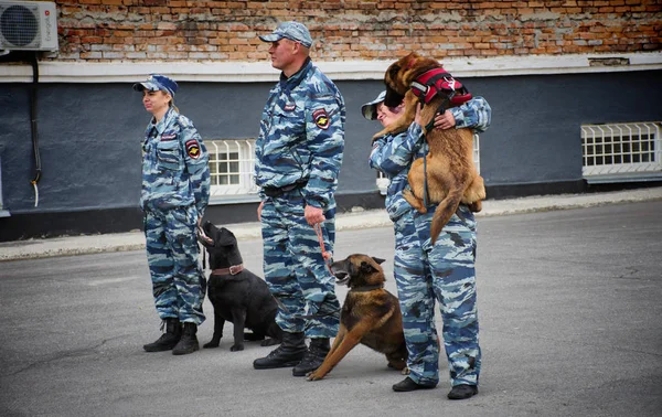 Barnaul,Rusya-Mayıs 18, 2019.Köpekleri ile polis köpek işleyicileri