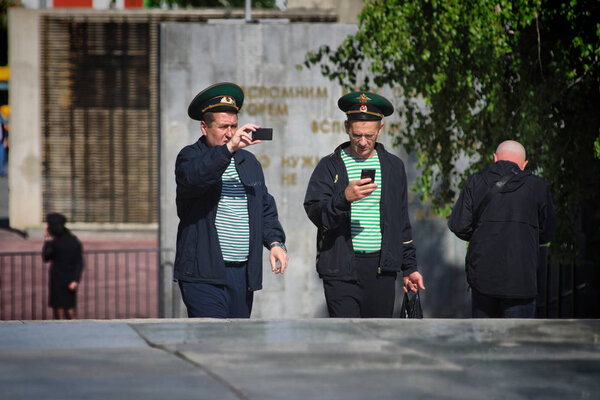 Barnaul,Russia-may 28, 2019.Former soldiers celebrating the Day of border guard