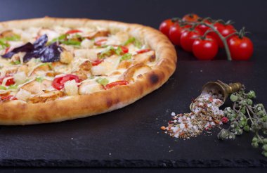 Tavuk göğsü, kızarmış ekmek ve sebzeli pizza koyu bir arka planda baharatların yanında yatıyor.