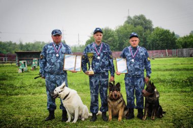 Barnaul, Russia-June 20, 2020. Police dog handlers with their dogs
