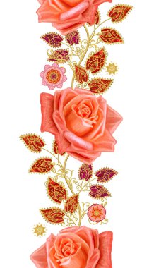 Dikişsiz desen çiçek dikey kenarlık. Dekoratif dekorasyon, desenli eleman, hassas dokulu yaprakları güzel dantel yapılmış. Parlak bukleler, bud kırmızı gül jeweled. Hassas dokuma ajur.