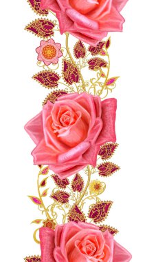 Dikişsiz desen çiçek dikey kenarlık. Dekoratif dekorasyon, desenli eleman, hassas dokulu yaprakları güzel dantel yapılmış. Parlak bukleler, bud kırmızı gül jeweled. Hassas dokuma ajur.