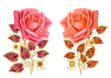 Dekoratif dekorasyon, desenli eleman, hassas dokulu yaprakları güzel dantel yapılmış. Parlak bukleler, bud kırmızı gül jeweled. Hassas dokuma ajur.