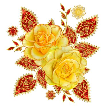 Dekoratif dekorasyon, desenli eleman, hassas dokulu yaprakları güzel dantel yapılmış. Parlak bukleler, bud sarı gül jeweled. Hassas dokuma ajur.