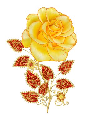 Dekoratif dekorasyon, desenli eleman, hassas dokulu yaprakları güzel dantel yapılmış. Parlak bukleler, bud sarı gül jeweled. Hassas dokuma ajur.