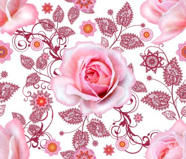 Seamless modeli. Dekoratif dekorasyon, desenli eleman, hassas dokulu yaprak güzel dantel ve inci yapılmış. Parlak bukleler, bud pastel pembe Gül jeweled. Hassas dokuma Ajur.