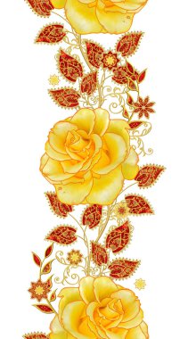 Dikişsiz desen çiçek dikey kenarlık. Dekoratif dekorasyon, desenli eleman, hassas dokulu yaprakları güzel dantel yapılmış. Parlak bukleler, bud sarı gül jeweled. Hassas dokuma ajur.