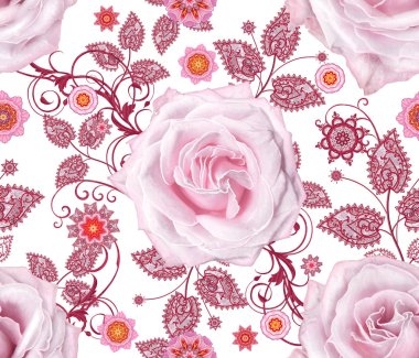 Seamless modeli. Dekoratif dekorasyon, desenli eleman, hassas dokulu yaprak güzel dantel ve inci yapılmış. Parlak bukleler, bud pastel pembe Gül jeweled. Hassas dokuma Ajur.