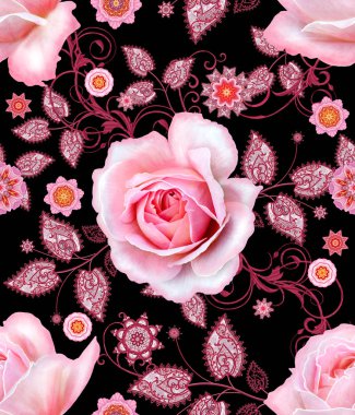Seamless modeli. Dekoratif dekorasyon, desenli eleman, hassas dokulu yaprak güzel dantel ve inci yapılmış. Parlak bukleler, bud pastel pembe Gül jeweled. Hassas dokuma Ajur.