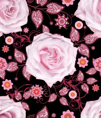 Seamless modeli. Dekoratif dekorasyon, desenli eleman, hassas dokulu yaprak güzel dantel ve inci yapılmış. Parlak bukleler, bud pastel pembe Gül jeweled. Hassas dokuma Ajur.