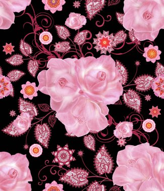 Seamless modeli. Dekoratif dekorasyon, desenli eleman, hassas dokulu yaprak güzel dantel ve inci yapılmış. Parlak bukleler, bud pastel pembe Gül jeweled. Hassas dokuma Ajur.