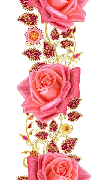 Dikişsiz desen çiçek dikey kenarlık. Dekoratif dekorasyon, desenli eleman, hassas dokulu yaprakları güzel dantel yapılmış. Parlak bukleler, bud kırmızı gül jeweled. Hassas dokuma ajur.