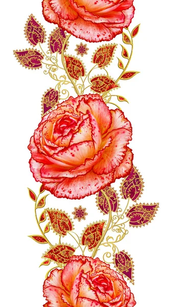 Dikişsiz desen çiçek dikey kenarlık. Dekoratif dekorasyon, desenli eleman, hassas dokulu yaprakları güzel dantel yapılmış. Parlak bukleler, bud kırmızı gül jeweled. Hassas dokuma ajur.